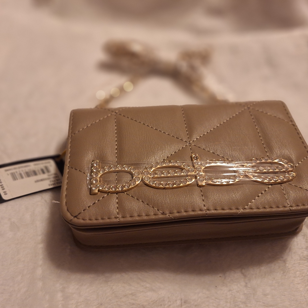 Bebe Tan Crossbody Bag with Rhinestone Embellishment